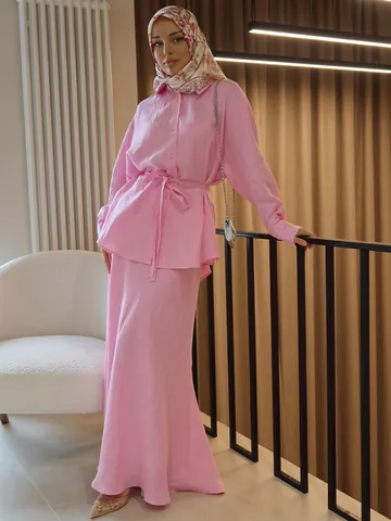 Women Elegant Solid Color Polyester Top And Bottom Elegant Turn-Down Collar Long Sleeve Top Maxi Skirt Vacation Attire Casual Daily Matching Attire For Female