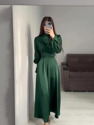 Women's Elegant High Neck Maxi Dress Satin Finish Puff Sleeve Cross Tied Waist Fairy Style Fall Party Evening Prom Gown