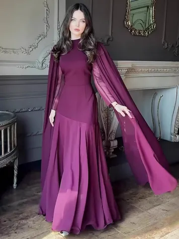 Women Elegant Cape Sleeve Maxi Dress Solid Color High Neck Slim Fit Polyester Evening Party Gown Luxurious Fall Long Robe