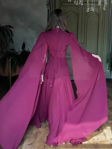 Women Elegant Cape Sleeve Maxi Dress Solid Color High Neck Slim Fit Polyester Evening Party Gown Luxurious Fall Long Robe
