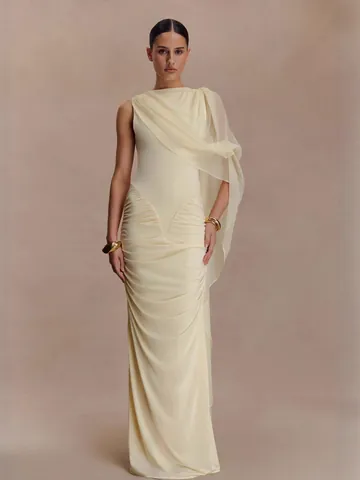 Elegante Mouwloze Polyester Geplooide Maxi Jurk Voor Dames Asymmetrische Cape Luxe Retro Avondjurk Banket Bruiloft Feest