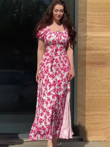 Vestito Maxi da Donna Vintage Stampa Floreale Scollo Quadrato Maniche a Sbuffo Spacco Stile Francese Estate A-Line Vacanza