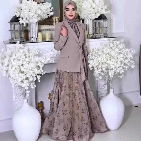 Elegant Women Modest Fashion Set Polyester Blazer And Floral Maxi Skirt Two-Piece Set Modest Dress For Spring Wear
