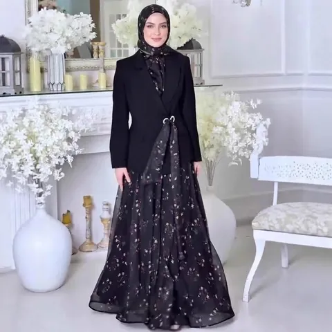 Elegant Women Modest Fashion Set Polyester Blazer And Floral Maxi Skirt Two-Piece Set Modest Dress For Spring Wear