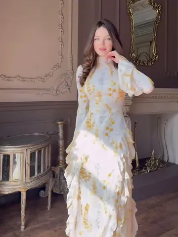 Elegant Floral Print Midi Dress For Women Long Sleeve High Neck Fishtail Bodycon Polyester Dress Spring Autumn Slim Fit Robe