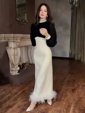 Women's Hepburn Style Slim Fit Maxi Dress Artificial Pearl Decor Contrast Color Long Sleeve Dress With Feather Hem