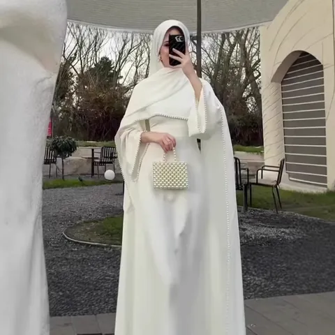 Elegant Polyester Artificial Pearl Beaded Maxi Dress Long Sleeve Flare Sleeve High Waist Abaya Style Dress For Women