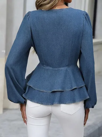 Women Slim Fit V-Neck Long Sleeve Denim Shirt Elegant Peplum Waist Cinched Washed Denim Blouse Tops Flare Sleeve Shirt