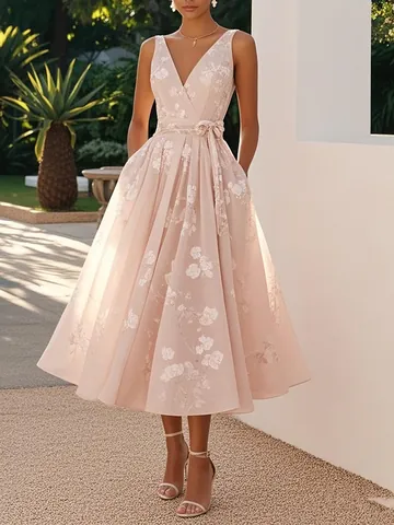 Women's Elegant V Neck Sleeveless Digital Printed A-Line Evening Party Dress High Waist Bow Belt Midi Dress