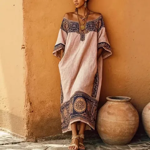 Women Bohemian Print Maxi Dress Loose Off Shoulder Polyester Linen Blend Ethnic Mandala Pattern Vacation Summer Long Dress
