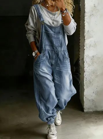 Women Retro Loose Denim Overalls Jumpsuit Washed Wide Leg Cargo Pants Casual Streetwear One Piece Jumpsuit With Pockets