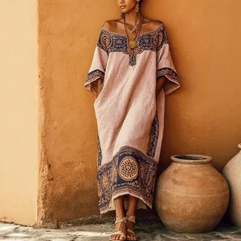 Women Bohemian Print Maxi Dress Loose Off Shoulder Polyester Linen Blend Ethnic Mandala Pattern Vacation Summer Long Dress