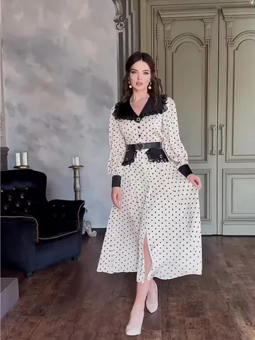 Vestito a Pois Vintage da Donna Colletto Peter Pan Finiture in Pizzo Manica a Lanterna Abito Lungo a Linea A Poliestere