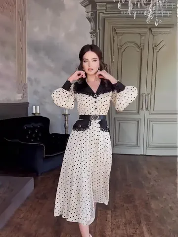 Women Vintage Polka Dot Print Dress Peter Pan Collar Lace Trim Lantern Sleeve A-Line Maxi Dress Polyester Retro Long Dress