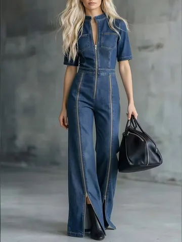 Women Denim Jumpsuit Organic Cotton Short Sleeve Slim Fit High Waist Wide Leg Jumpsuit With Zipper Design Casual Streetwear Overalls