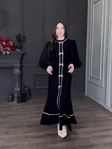 Robe Longue Maxi Élégante en Patchwork avec Nœud et Strass pour Femmes Demi Col Roulé Manches Lanterne Noir Blanc