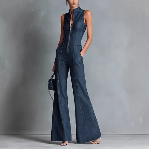 Women Vintage Deep Blue Sleeveless Jumpsuit Front Zipper Slim High Neck Denim Look Wide Leg Retro Fashion Jumpsuit