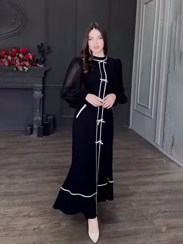 Robe Longue Maxi Élégante en Patchwork avec Nœud et Strass pour Femmes Demi Col Roulé Manches Lanterne Noir Blanc