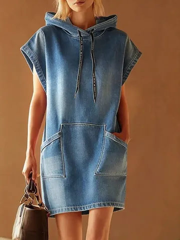 Women Sleeveless Hooded Denim Dress Washed Polyester Casual Loose Mini Dress With Pockets For Daily Summer Fashion