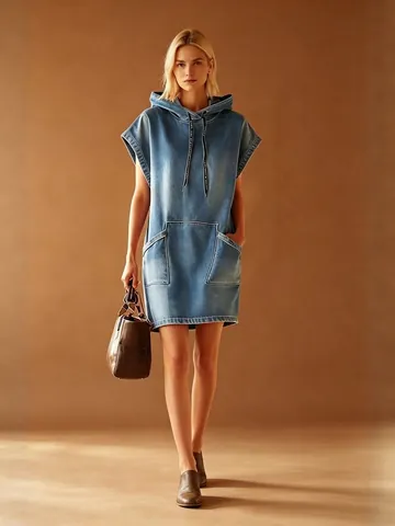 Women Sleeveless Hooded Denim Dress Washed Polyester Casual Loose Mini Dress With Pockets For Daily Summer Fashion