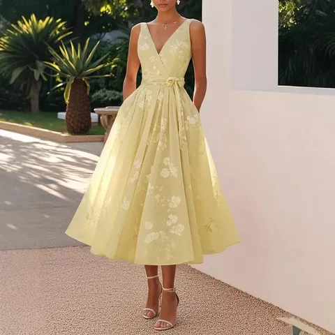 Women Elegant V-Neck Sleeveless Digital Floral Print Midi Dress High Waist A-Line Party Evening Banquet Gown Dress