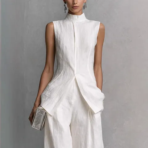 Women Minimalist Sleeveless Stand Collar Top And Bottom Polyester Wide Leg Pants Set Casual Elegant Summer Outfit For Lady