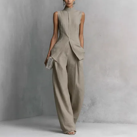 Women Minimalist Sleeveless Stand Collar Top And Bottom Polyester Wide Leg Pants Set Casual Elegant Summer Outfit For Lady