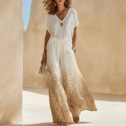 Conjunto Resort Casual para Mujer Cuello en V Top Blanco Manga Corta y Pantalones de Pierna Ancha Estampado de Leopardo Degradado