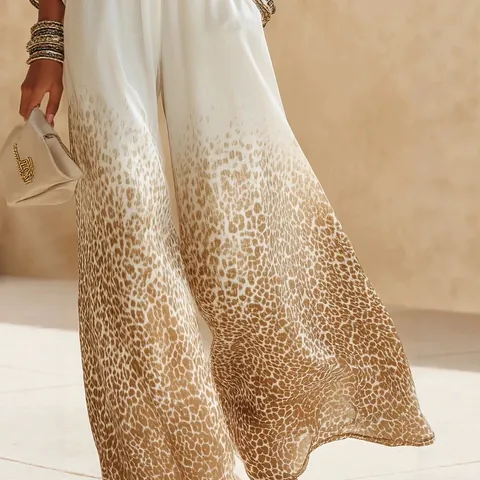 Conjunto Resort Casual para Mujer Cuello en V Top Blanco Manga Corta y Pantalones de Pierna Ancha Estampado de Leopardo Degradado