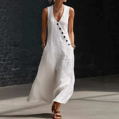 Women's Vacation Casual Deep V Neck Sleeveless Midi Dress Cotton Linen Blend Loose Fit Solid Color Diagonal Button Long Dress