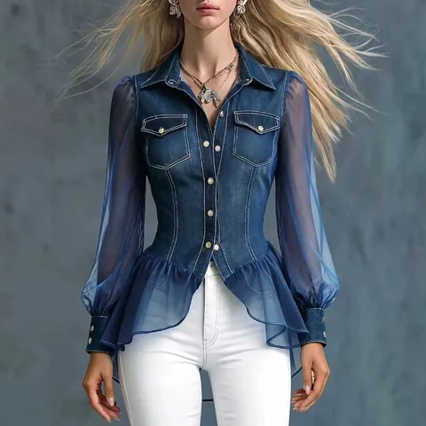 Γυναικείο Patchwork Denim Look Top Γιακάς Πλέγμα Μανίκια Φανάρι Peplum Μπλούζα Casual Μακρυμάνικο Πολυεστερικό Πουκάμισο