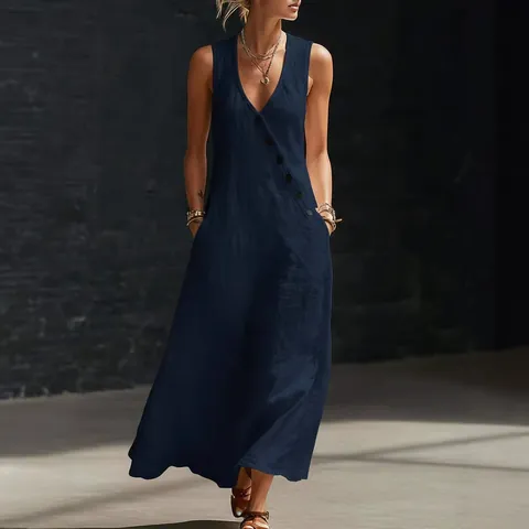 Women's Vacation Casual Deep V Neck Sleeveless Midi Dress Cotton Linen Blend Loose Fit Solid Color Diagonal Button Long Dress