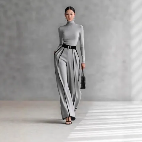 Women High Neck Knitted Top And Wide Leg Pants Set Striped Splicing High Waist Top And Bottom Casual Commuter Outfit Fall Winter Suit