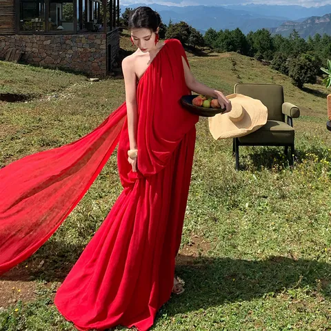Damen Ein Schulter Plissee Maxi Kleid Elegant Einfarbig Urlaubs Kleid Für Party Outdoor Fotografie Formale Robe