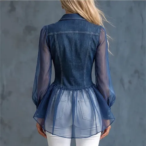 Γυναικείο Patchwork Denim Look Top Γιακάς Πλέγμα Μανίκια Φανάρι Peplum Μπλούζα Casual Μακρυμάνικο Πολυεστερικό Πουκάμισο
