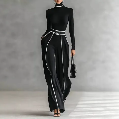 Women High Neck Knitted Top And Wide Leg Pants Set Striped Splicing High Waist Top And Bottom Casual Commuter Outfit Fall Winter Suit