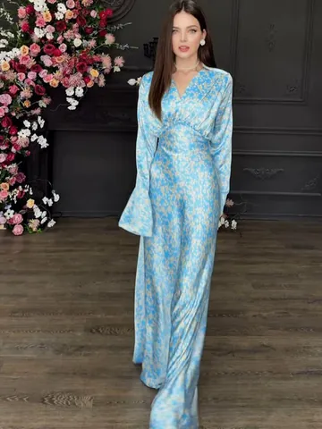 Eleganter V-Ausschnitt Langarm Floral Maxi Kleid Damen Glänzend Satin-Optik Bedruckt Glockenärmel Bindegürtel Vintage Party Kleid