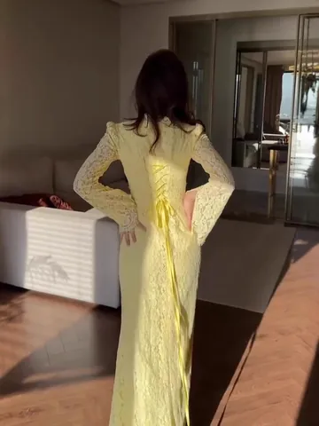 Victorian Style Lace Long Sleeve Maxi Dress for Women Elegant High Neck Backless Corset Formal Party Evening Wedding Gown
