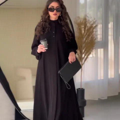 Women's Solid Black Polyester Maxi Dress Long Sleeve Mock Neck Abaya Style A-Line Single Breasted Commuting Streetwear Gown