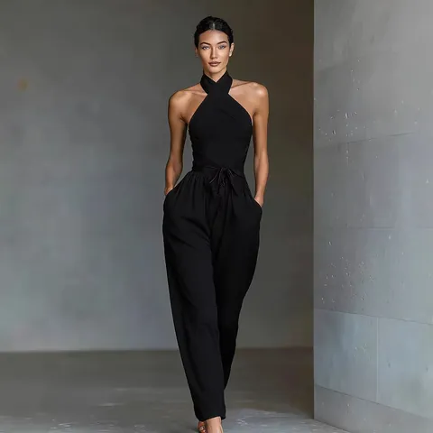 Women Halter Neck Criss Cross Jumpsuit Sleeveless Tie Waist Wide Leg Polyester Jumpsuit Casual Summer Backless Jumpsuit