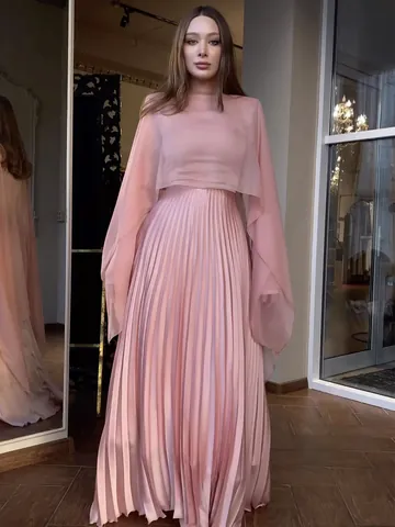 Vrouwen Elegant Roze Lange Mouw Geplooid Maxi Jurk Met Sjaal Cape Taille Strik Herfst Mode Feest Bruiloft Chiffon Look Jurk