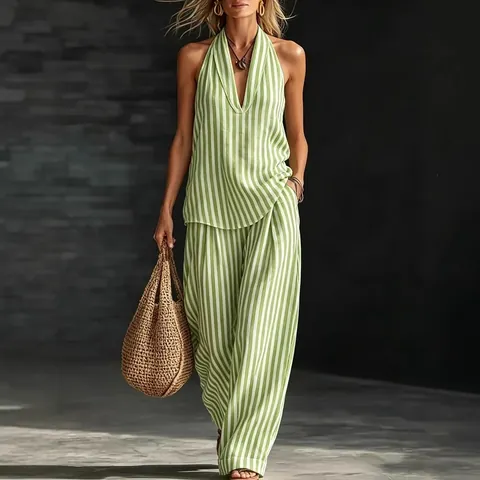 Women's Stripe Halter Neck Top And Wide Leg Pants Set Summer Vacation Sleeveless Backless V-Neck Two-Piece Casual Outfit