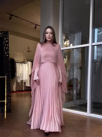 Vrouwen Elegant Roze Lange Mouw Geplooid Maxi Jurk Met Sjaal Cape Taille Strik Herfst Mode Feest Bruiloft Chiffon Look Jurk