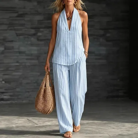 Women's Stripe Halter Neck Top And Wide Leg Pants Set Summer Vacation Sleeveless Backless V-Neck Two-Piece Casual Outfit