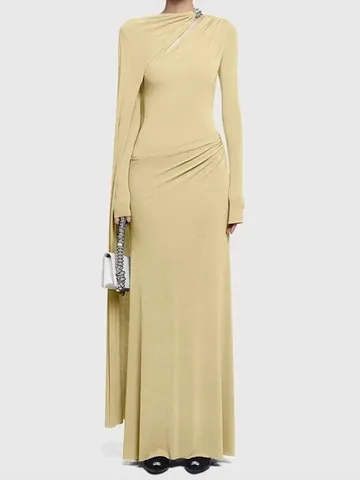 Vestido Maxi Fruncido Asimétrico Elegante Mujer Ajustado Manga Larga Volantes Vestido de Noche Lujo Color Sólido Fiesta Otoño