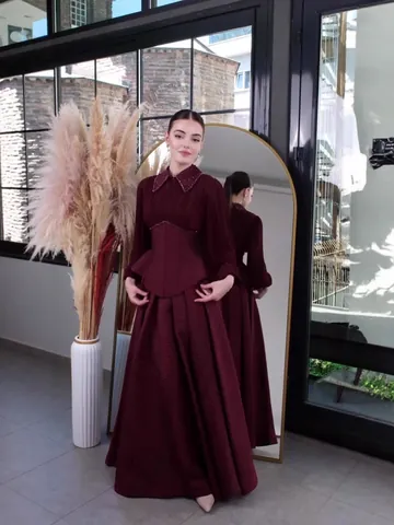 Elegant Women Long Sleeve Maxi Dress High Waist Slim Fit Peter Pan Collar Woven Polyester A-Line Vintage Gown For Lady