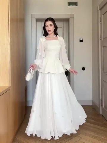 Women's Vintage Elegant Square Neck Long Sleeve Top And Bottom Skirt Set With 3D Floral Decoration Fall Palace Style Outfit
