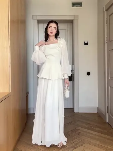 Women's Vintage Elegant Square Neck Long Sleeve Top And Bottom Skirt Set With 3D Floral Decoration Fall Palace Style Outfit