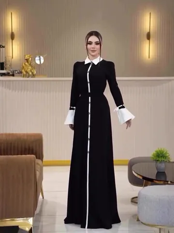 Vintage Preppy Style Contrast Color Long Sleeve Maxi Dress With Peter Pan Collar Flare Sleeve Slim Fit Women Elegant Dress