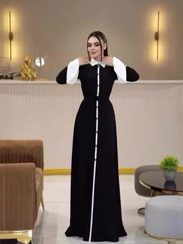 Vintage Preppy Style Contrast Color Long Sleeve Maxi Dress With Peter Pan Collar Flare Sleeve Slim Fit Women Elegant Dress